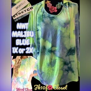 🌸NWT SPORTELLE 1X or 2X MALIBU BLUE TIE DYE STRETCH BUTTERY SOFT HOODIE TOP